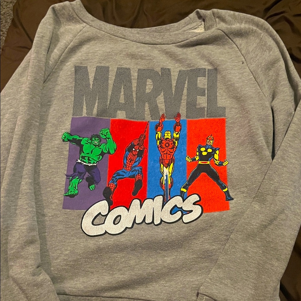 Marvel Comics Gray Sweatshirt with Colorful Heroes